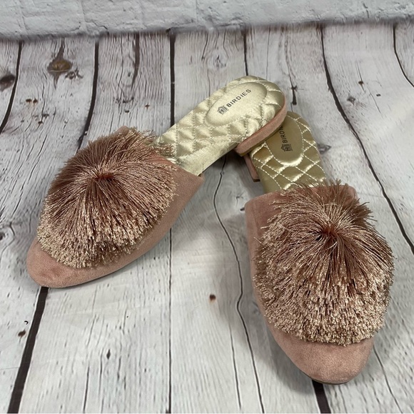 BIRDIES The Songbird Blush Pink Velvet Pom Pom Slides Slip On Mule  Size 6.5 - Picture 1 of 6